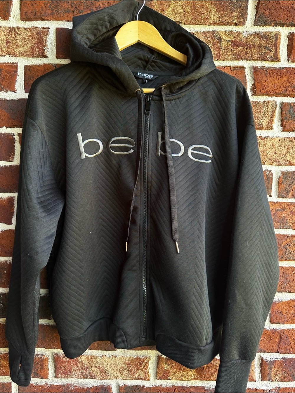 bebe Black Quilted Zip Hoodie with Embroidered Logo
